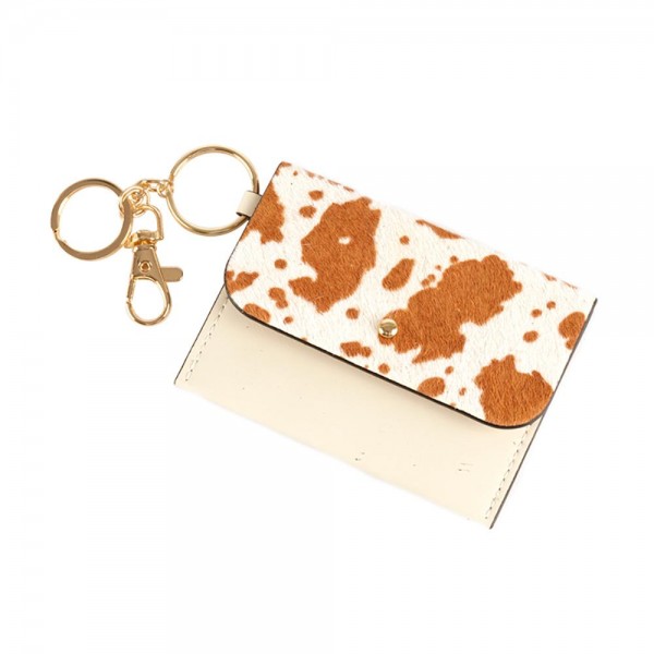 Wholesale faux Leather Cow Print ID Card Holder Key Chain Single Pocket Detachab