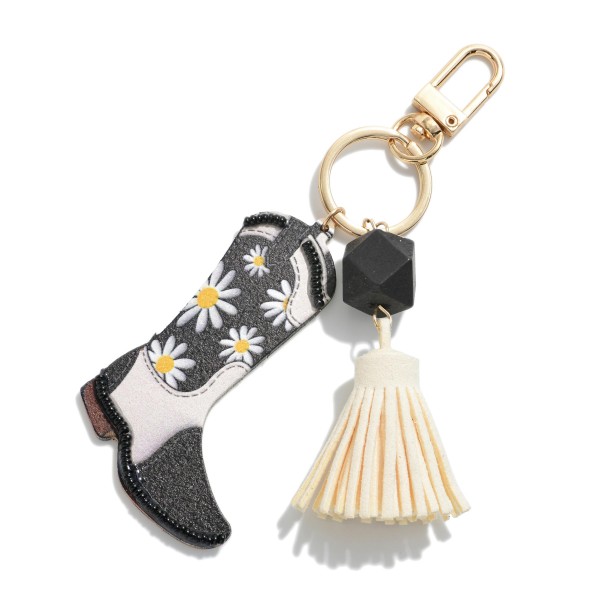 Wholesale western Wooden Cowboy Boot Keychain Seed Bead Accents Tassel L