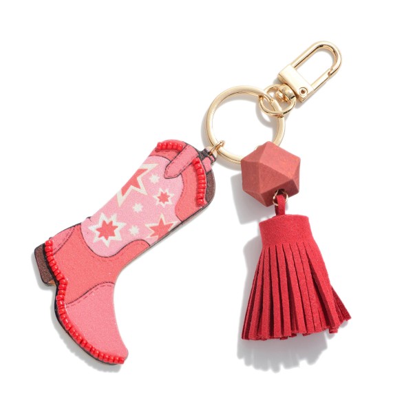 Wholesale western Wooden Cowboy Boot Keychain Seed Bead Accents Tassel L