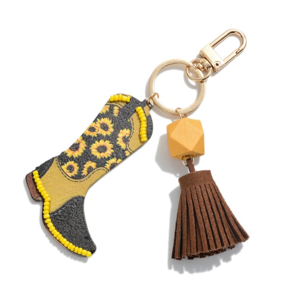 Wholesale western Wooden Cowboy Boot Keychain Seed Bead Accents Tassel L