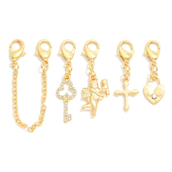 Set Of Four Multi Purpose Metal Tone Charms 

- Add Them To Your Hat Chain, Purse Chain, & Shoe Strings 
- Approximately 1.5" L