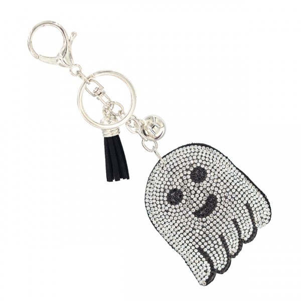 Rhinestone Studded Puffer Ghost Keyring With Tassel

- Approximately 5" L