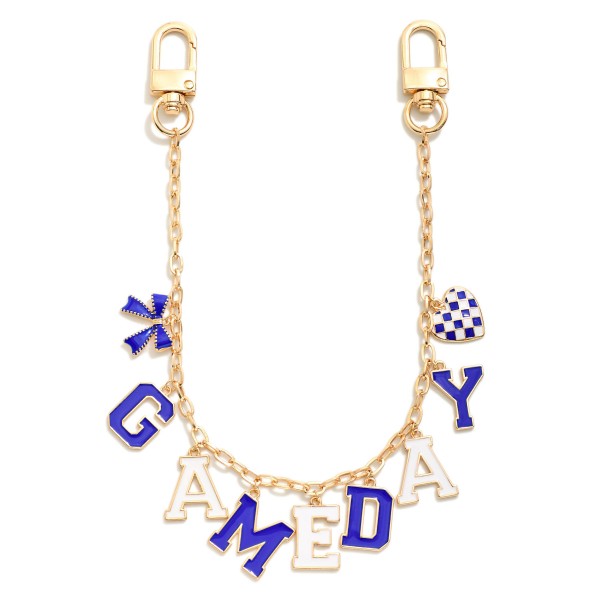 Gold Tone "Game Day" Chain Link Bag Charm Featuring Bow And Heart Charm 

- Approximately 14" L 