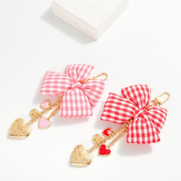 Chain Link Bag Charm Featuring Heart Charms And Plaid Bow 

- Approximately 6.5" L