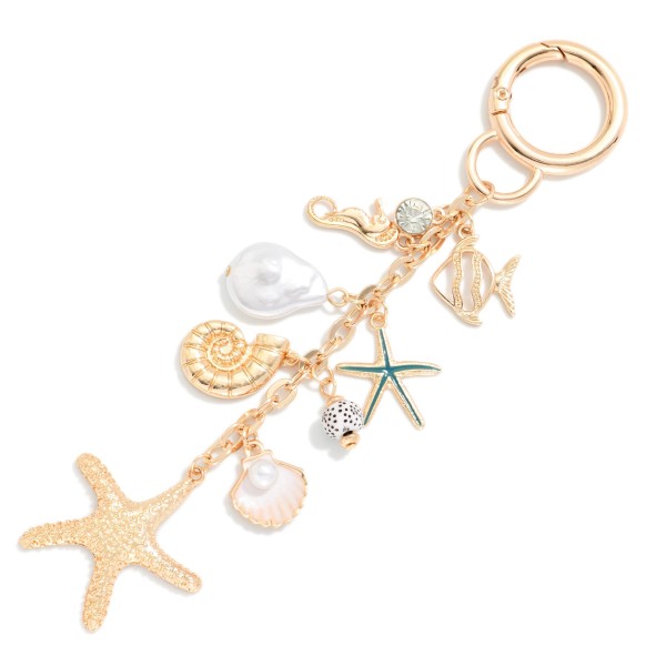 Chain Link Key Ring Featuring Starfish, Shells, & Pearls 

- Approximately 6" L