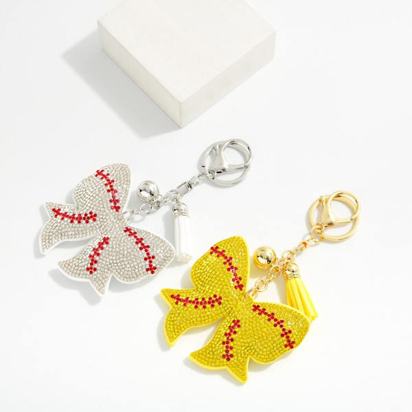 Rhinestone Studded Puffer Sports Ball Bow Keyring With Tassel

- Approximately 5" L