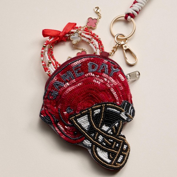 Sequin & Seed Beaded "GAME DAY" Football Helmet Pouch Key Ring 

- Full Zip Closure 
- Approximately 7" T X 4" L
