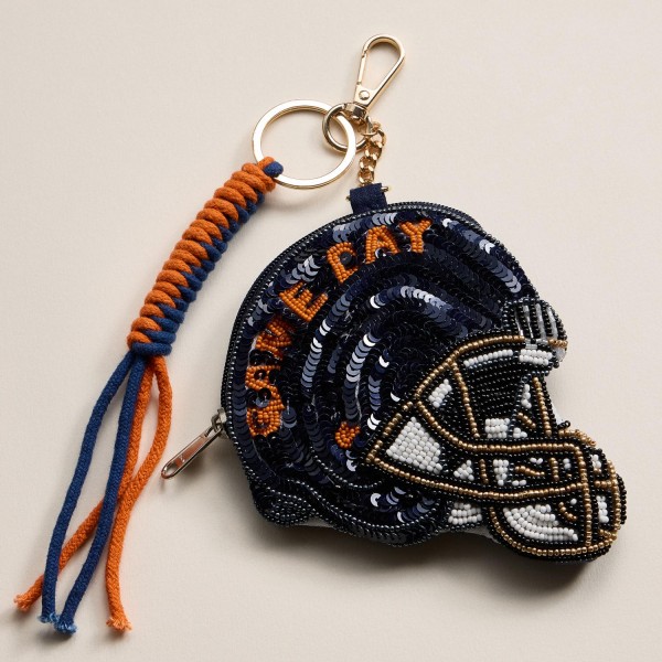 Sequin & Seed Beaded "GAME DAY" Football Helmet Pouch Key Ring 

- Full Zip Closure 
- Approximately 7" T X 4" L
