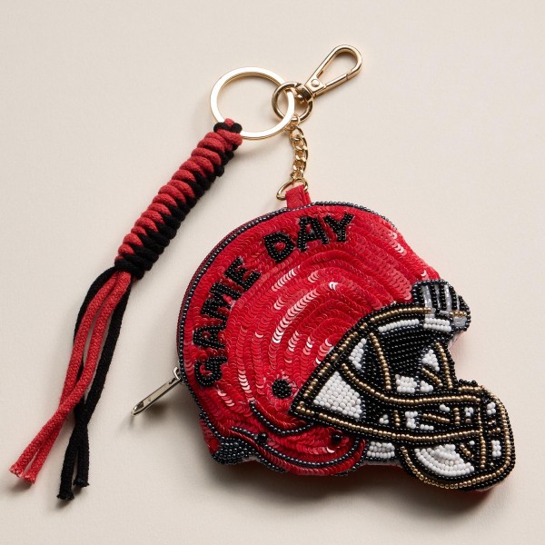 Sequin & Seed Beaded "GAME DAY" Football Helmet Pouch Key Ring 

- Full Zip Closure 
- Approximately 7" T X 4" L

