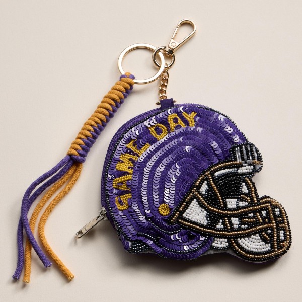Sequin & Seed Beaded "GAME DAY" Football Helmet Pouch Key Ring 

- Full Zip Closure 
- Approximately 7" T X 4" L
