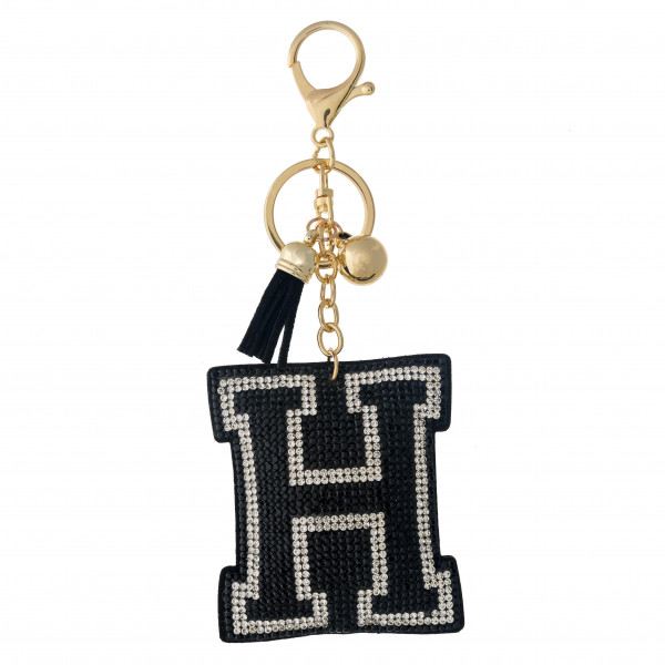 Wholesale black initial pillow keychain bag charm rhinestone details tassel acce