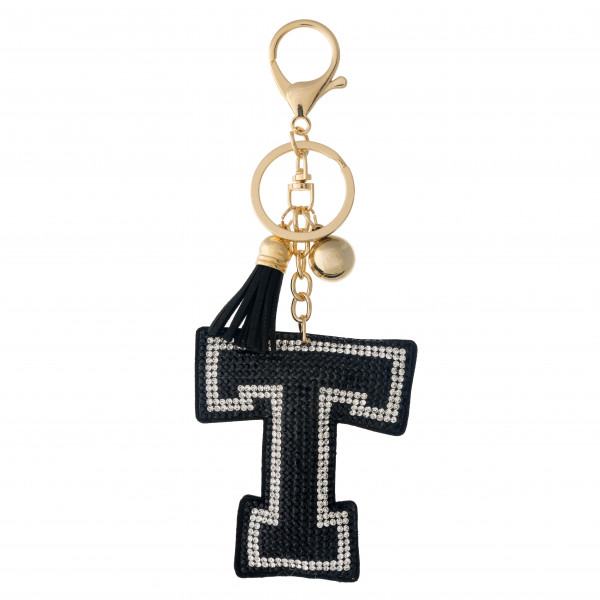 Wholesale black initial pillow keychain bag charm rhinestone details tassel acce