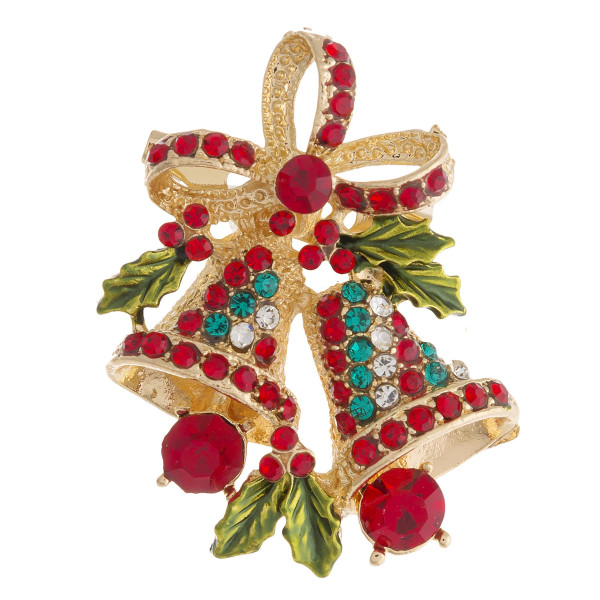 Rhinestone Christmas bells Holiday brooch pin. Approximately 1.5" in length.
