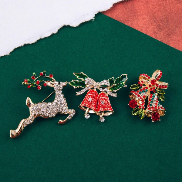 Rhinestone Christmas bells Holiday brooch pin. Approximately 1.5" in length.