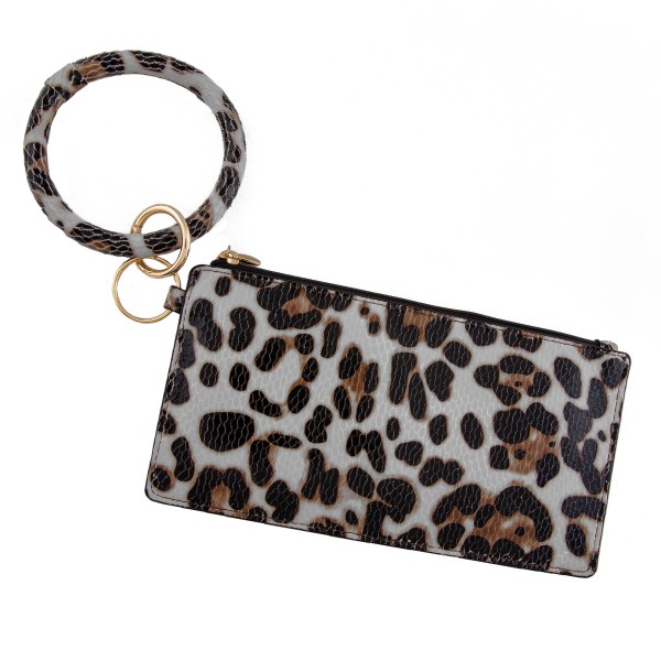PU Leather Leopard Print Wallet Key Ring Bangle Wristlet.

- Open lined inside
- No pockets
- Zipper closure
- Detachable
- Ring 4" in diameter
- Wallet approximately 8" L x 4" T
- 100% PU