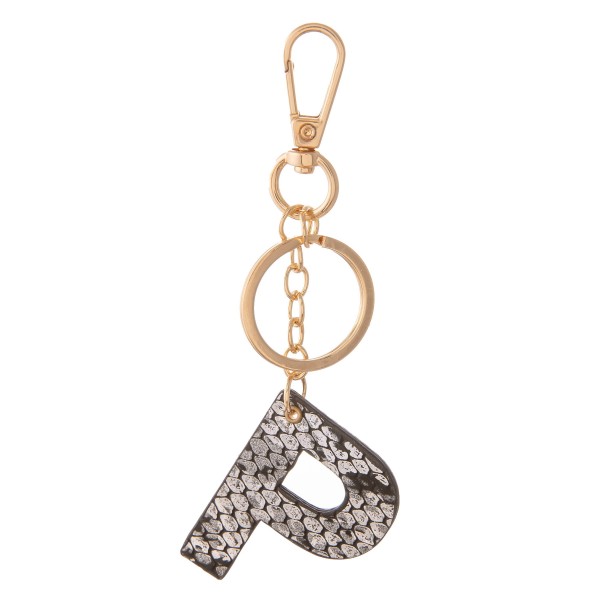 Black Metallic Faux Leather Snakeskin Initial KeyChain.

- Initial approximately 2" 
- Approximately 5" L 