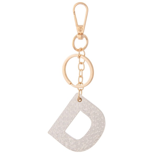 White Metallic Faux Leather Snakeskin Initial KeyChain.

- Initial approximately 2" 
- Approximately 5" L 