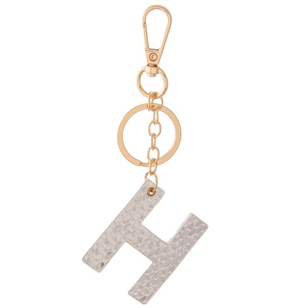 White Metallic Faux Leather Snakeskin Initial KeyChain.

- Initial approximately 2" 
- Approximately 5" L 