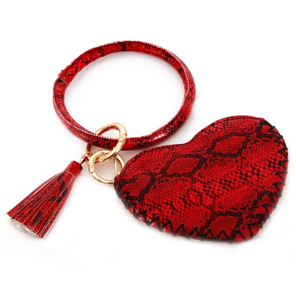 Wholesale pU Leather Heart Snakeskin Coin Pouch Key Ring Bangle Wristlet Zipper