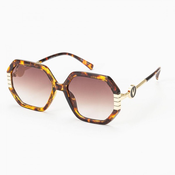 Oversize Heptagon Sunglasses With Gradient Lens & Gold Tone "V" Detail - Assorted Colors - UVA - UVB 400 Protection - Anti-Scratch Lenses Material: - Face: Plastic - Legs: Metal view 5