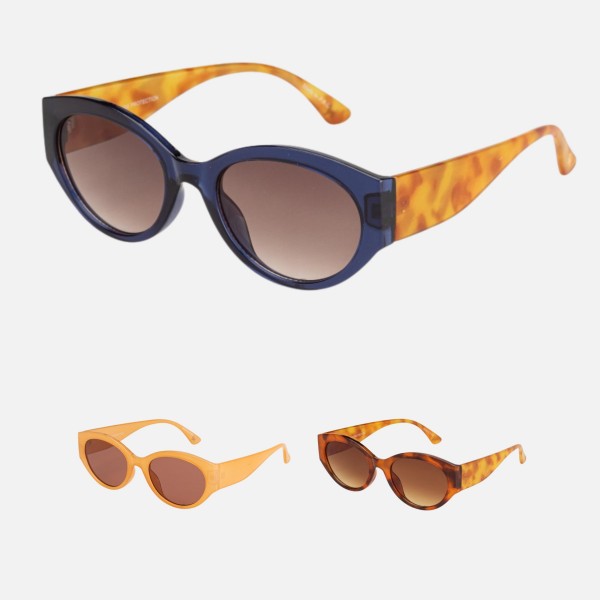 Oval Cat Eye Sunglasses (12-Pack)

- Assorted Colors
- UVA - UVB 400 Protection
- Anti-Scratch Lenses

Material:
- Face: Plastic
- Legs: Plastic