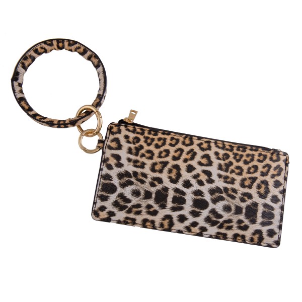PU Leather Leopard Print Wallet Key Ring Bangle Wristlet. 

- Open lined inside
- No pockets 
- Zipper closure
- Detachable 
- Ring approximately 4" in diameter
- Wallet approximately 8" L x 4" T
- 100% PU