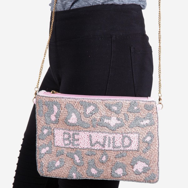 Wholesale quality Be Wild leopard print seed beaded crossbody clutch Open Cotto