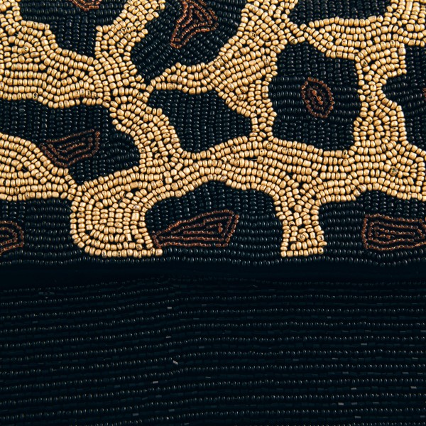 High Quality Seed Beaded Leopard Print Crossbody Clutch.

- Open lined inside
- 1 open functional pocket
- Fold over flap button closure
- Approximately 10" W x 6" T
- Strap hangs 21" L
- 100% Polyester