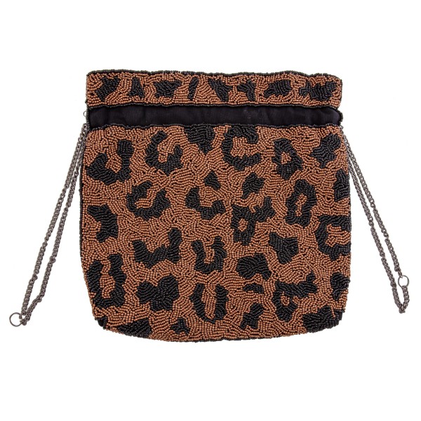 High Quality Leopard Print Seed Beaded Drawstring Handbag 

- Lined inside
- Drawstring closure
- Approximately 10" W x 10" T
- Strap are approximately 12" L
- 100% Cotton