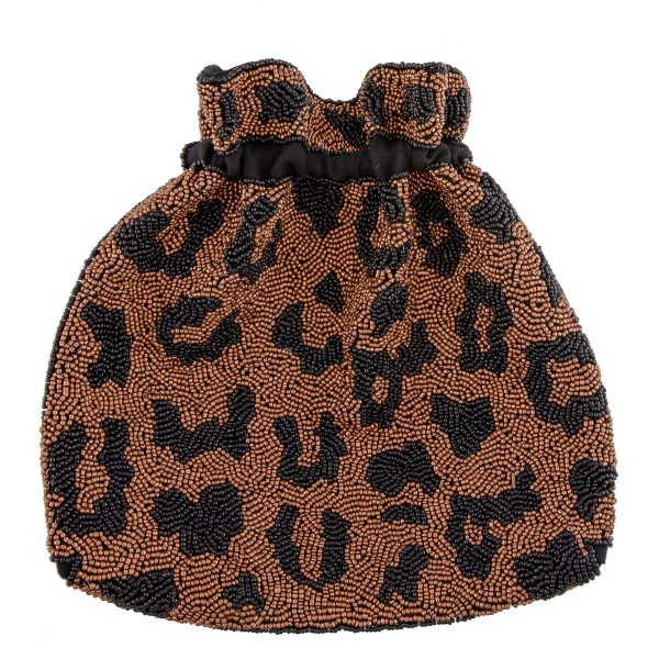 High Quality Leopard Print Seed Beaded Drawstring Handbag 

- Lined inside
- Drawstring closure
- Approximately 10" W x 10" T
- Strap are approximately 12" L
- 100% Cotton