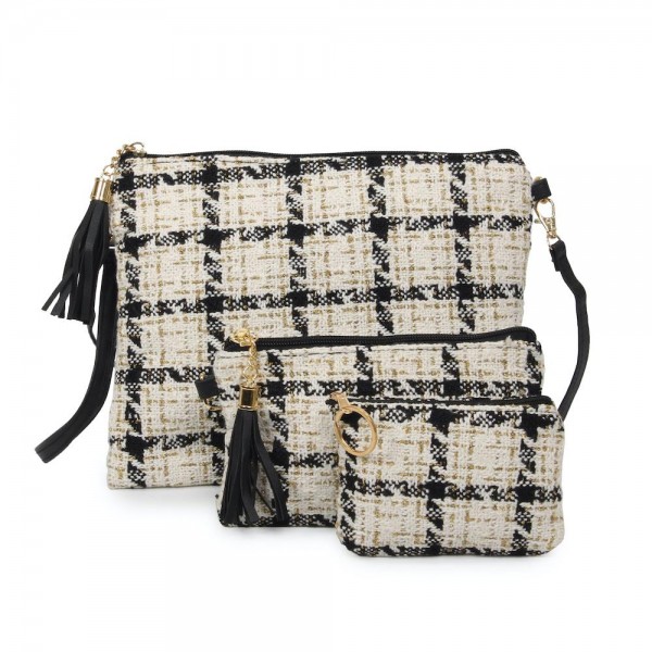 Tweed Plaid Tassel Wristlet.

- Zipper Closure
- Open Lined Inside
- No Pockets
- Detachable Wristlet
- Approximately 7" x 5"
- 100% Polyester