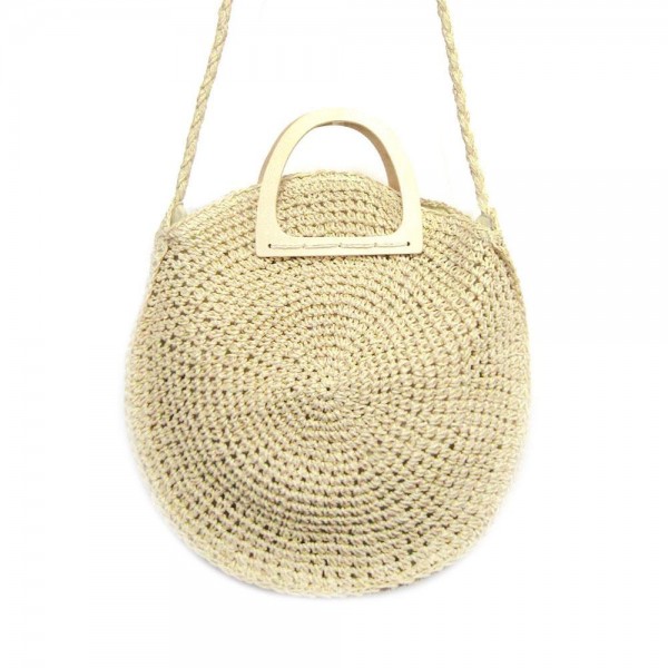 Wholesale round Paper Raffia Crochet Handbag Wood Handles Zipper Closure Open Li