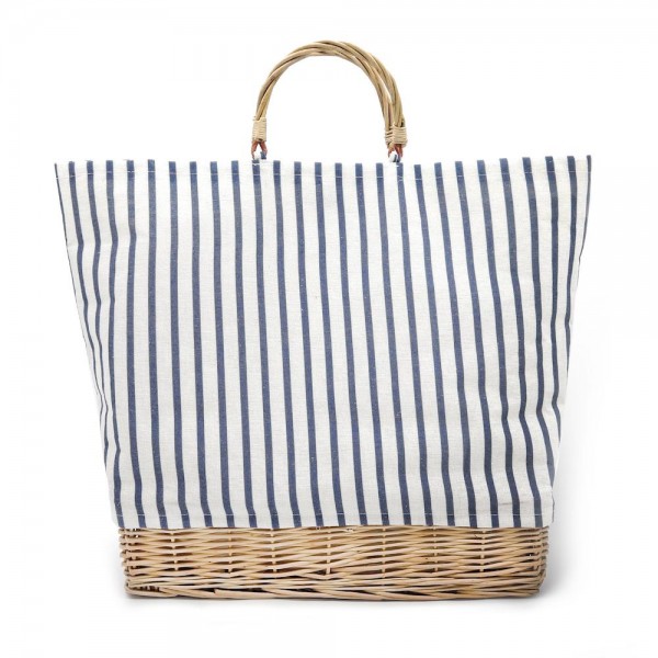 Wholesale navy Stripe Canvas Tote Bag Wicker Basket Handles Base Details Magneti