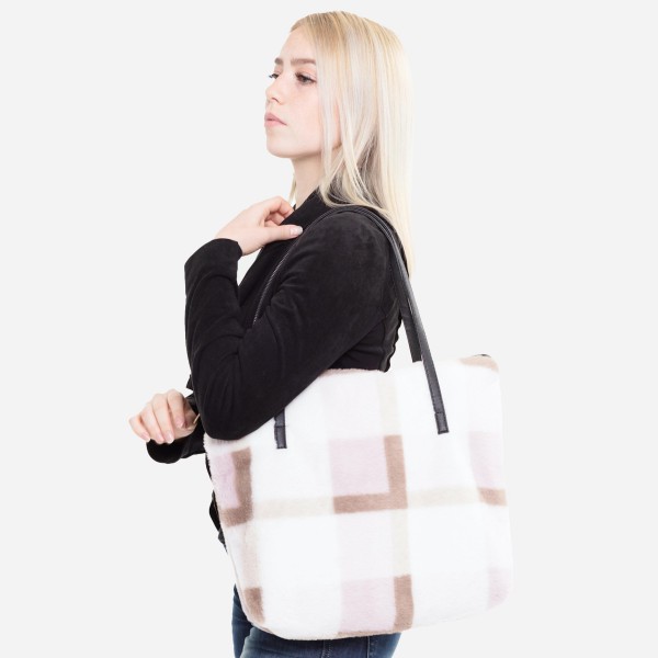 Faux Fur Plaid Print Tote Bag.

- Faux Leather Handles
- Zipper Closure
- Open Lined Inside
- One Functional Inside Pocket
- Approximately 16" W x 12" T
- 100% Polyester