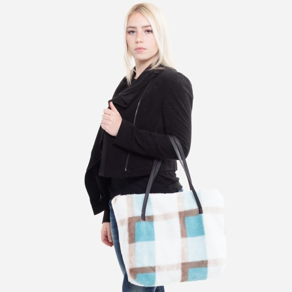 Faux Fur Plaid Print Tote Bag.

- Faux Leather Handles
- Zipper Closure
- Open Lined Inside
- One Functional Inside Pocket
- Approximately 16" W x 12" T
- 100% Polyester