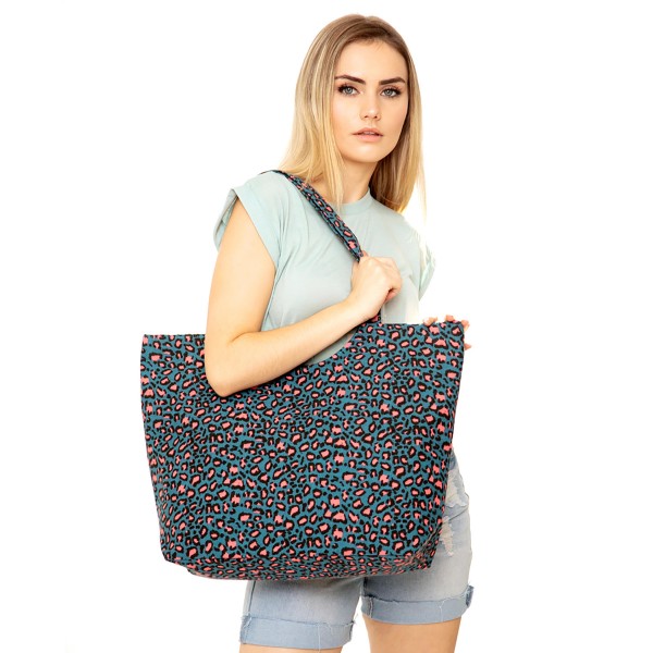 Wholesale leopard Print Canvas Tote Bag Top Zipper Closure Open Lined Inside Ins