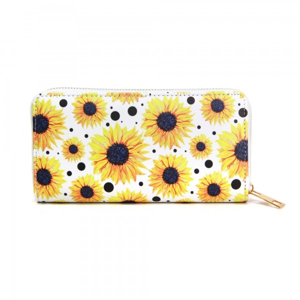 Faux Leather Sunflower Print Long Zip around Closure