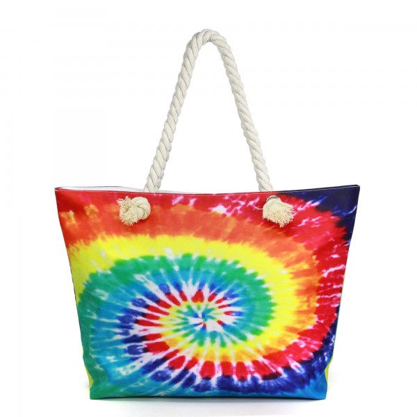 Tie Dye Tote Bag with Rope Zipper Closure Open Lined