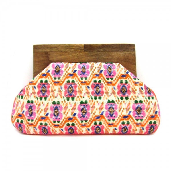 Wholesale wood Handle Yarn Woven Flower Print Canvas Clutch Wood Handles Lined I