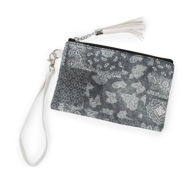 Bandana Paisley Print Canvas Wristlet With Tassel Zip Closure

- Zipper Closure
- Lined
- Faux Leather Strap
- Approximately 8" L x 5" W
- 100% Polyester