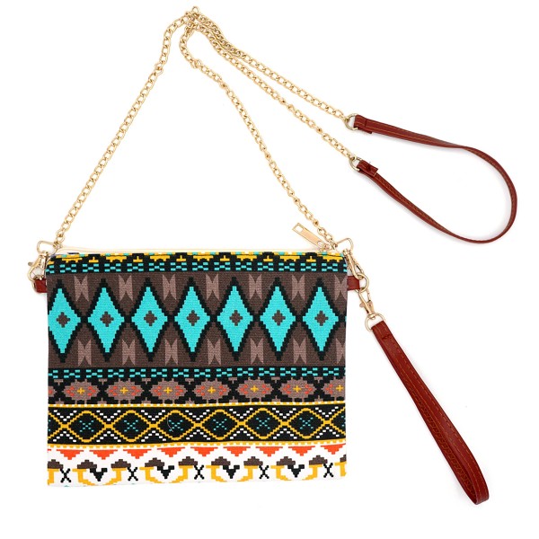 Multi Colored Aztek Print Canvas Cross Body Handbag - Zipper Closure - Lined - Two Internal Pockets - Adjustable Faux Leather and Chain Link Strap - Detachable Wristlet Strap - Approximately 10" L x 8" W view 5