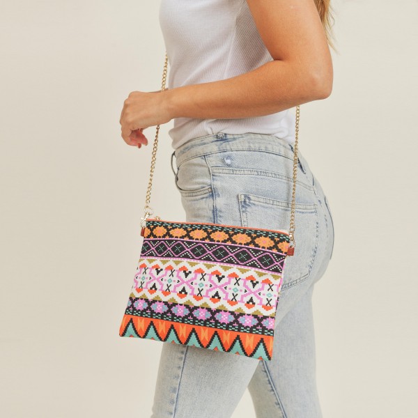 Multi Colored Aztek Print Canvas Cross Body Handbag - Zipper Closure - Lined - Two Internal Pockets - Adjustable Faux Leather and Chain Link Strap - Detachable Wristlet Strap - Approximately 10" L x 8" W view 5