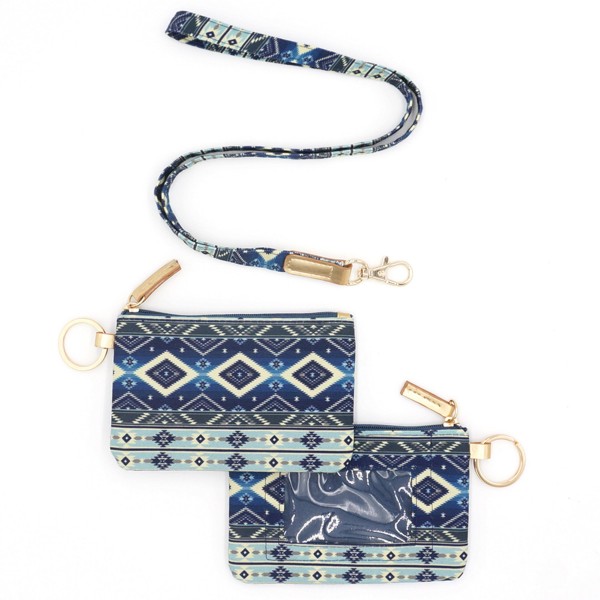 Wholesale aztec Print Card ID Holder Keychain Lanyard Clear Opening ID Zipper Cl