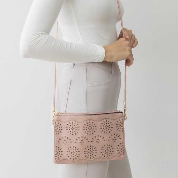 Laser Cut Tribal Flower Pattern Leather Envelope Crossbody Handbag With Removable Thin Leather Strap

- Zipper Closure
- Lined Inside
- One External Back Pocket
- Strap Drop Length Approximately 26" Long
- Approximately 6" Tall x 9" Long x 1" Wide
- 100% PU
