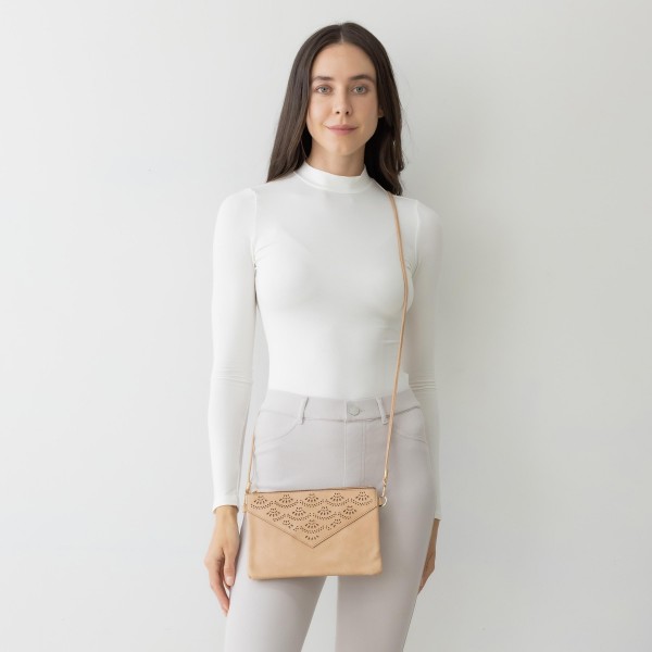 Laser Cut Lace Pattern Leather Envelope Crossbody Handbag With Removable Thin Leather Strap

- Zipper Closure
- Lined Inside
- One External Back Pocket
- Strap Drop Length Approximately 26" Long
- Approximately 6" Tall x 9" Long x 1" Wide
- 100% PU