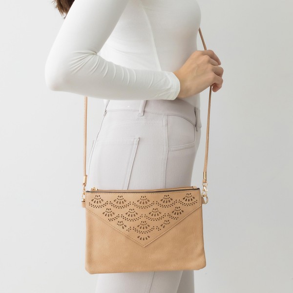 Laser Cut Lace Pattern Leather Envelope Crossbody Handbag With Removable Thin Leather Strap

- Zipper Closure
- Lined Inside
- One External Back Pocket
- Strap Drop Length Approximately 26" Long
- Approximately 6" Tall x 9" Long x 1" Wide
- 100% PU