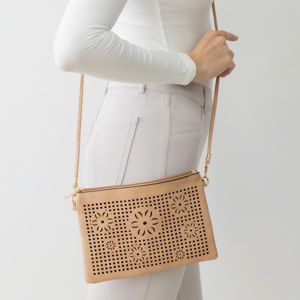 Laser Cut Flower Leather Envelope Crossbody Handbag With Removable Thin Leather Strap

- Zipper Closure
- Lined Inside
- One External Back Pocket
- Strap Drop Length Approximately 26" Long
- Approximately 6" Tall x 9" Long x 1" Wide
- 100% PU