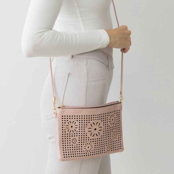 Laser Cut Flower Leather Envelope Crossbody Handbag With Removable Thin Leather Strap

- Zipper Closure
- Lined Inside
- One External Back Pocket
- Strap Drop Length Approximately 26" Long
- Approximately 6" Tall x 9" Long x 1" Wide
- 100% PU