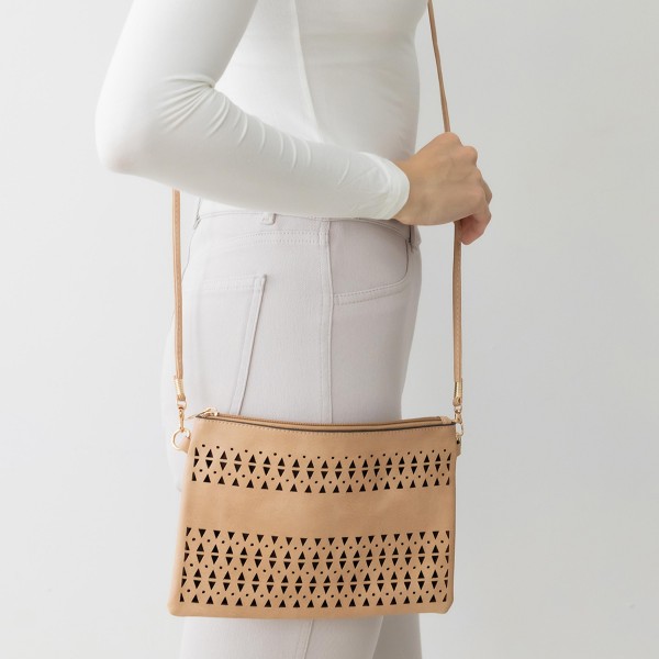 Laser Cut Tribal Triangle Pattern Leather Envelope Crossbody Handbag With Removable Thin Leather Strap

- Zipper Closure
- Lined Inside
- One External Back Pocket
- Strap Drop Length Approximately 26" Long
- Approximately 6" Tall x 9" Long x 1" Wide
- 100% PU