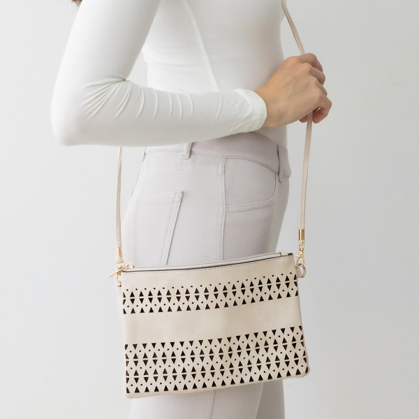 Laser Cut Tribal Triangle Pattern Leather Envelope Crossbody Handbag With Removable Thin Leather Strap

- Zipper Closure
- Lined Inside
- One External Back Pocket
- Strap Drop Length Approximately 26" Long
- Approximately 6" Tall x 9" Long x 1" Wide
- 100% PU